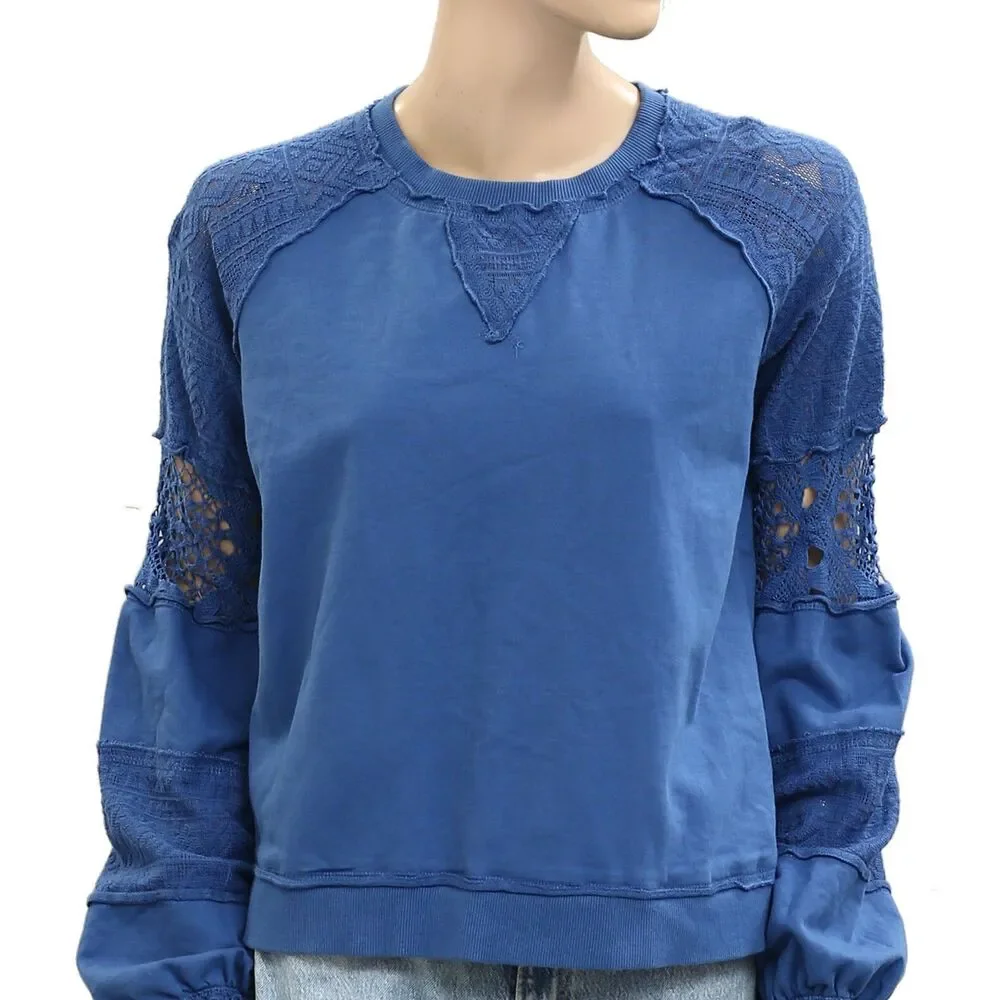 By Anthropologie Lace Balloon-Sleeve Blouse Top Pullover Cotton Blue XS 279962